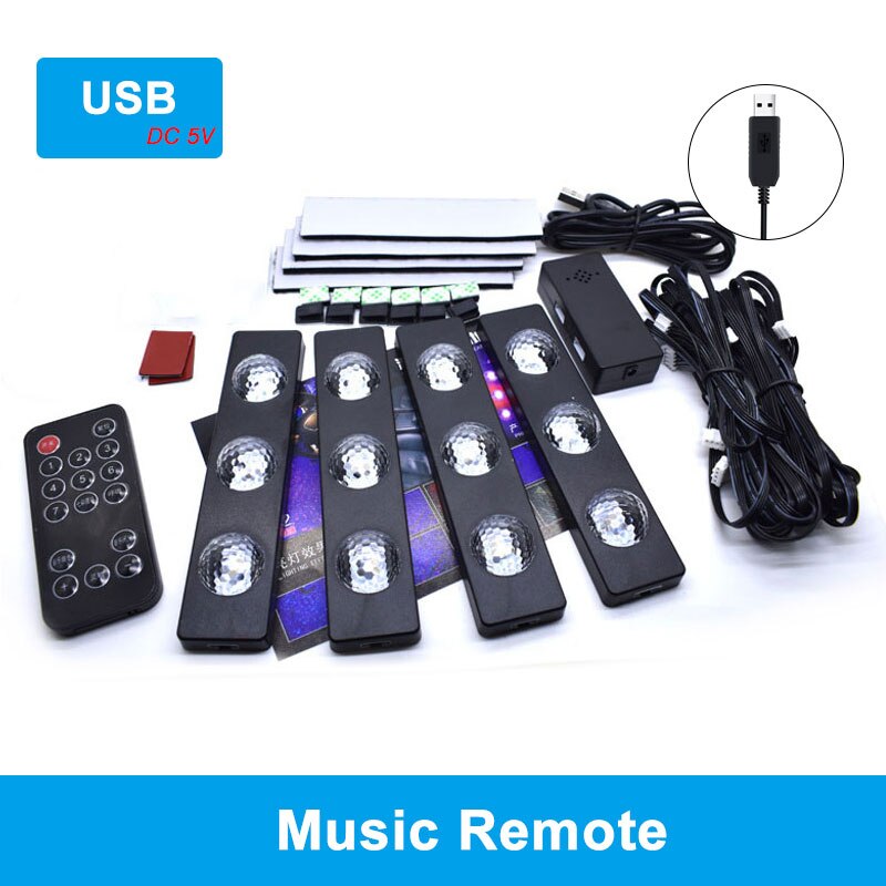 4pcs Car Interior LED RGB Strip Light Styling Decorative Atmosphere Lamps USB Wireless remote control music atmosphere foot lamp