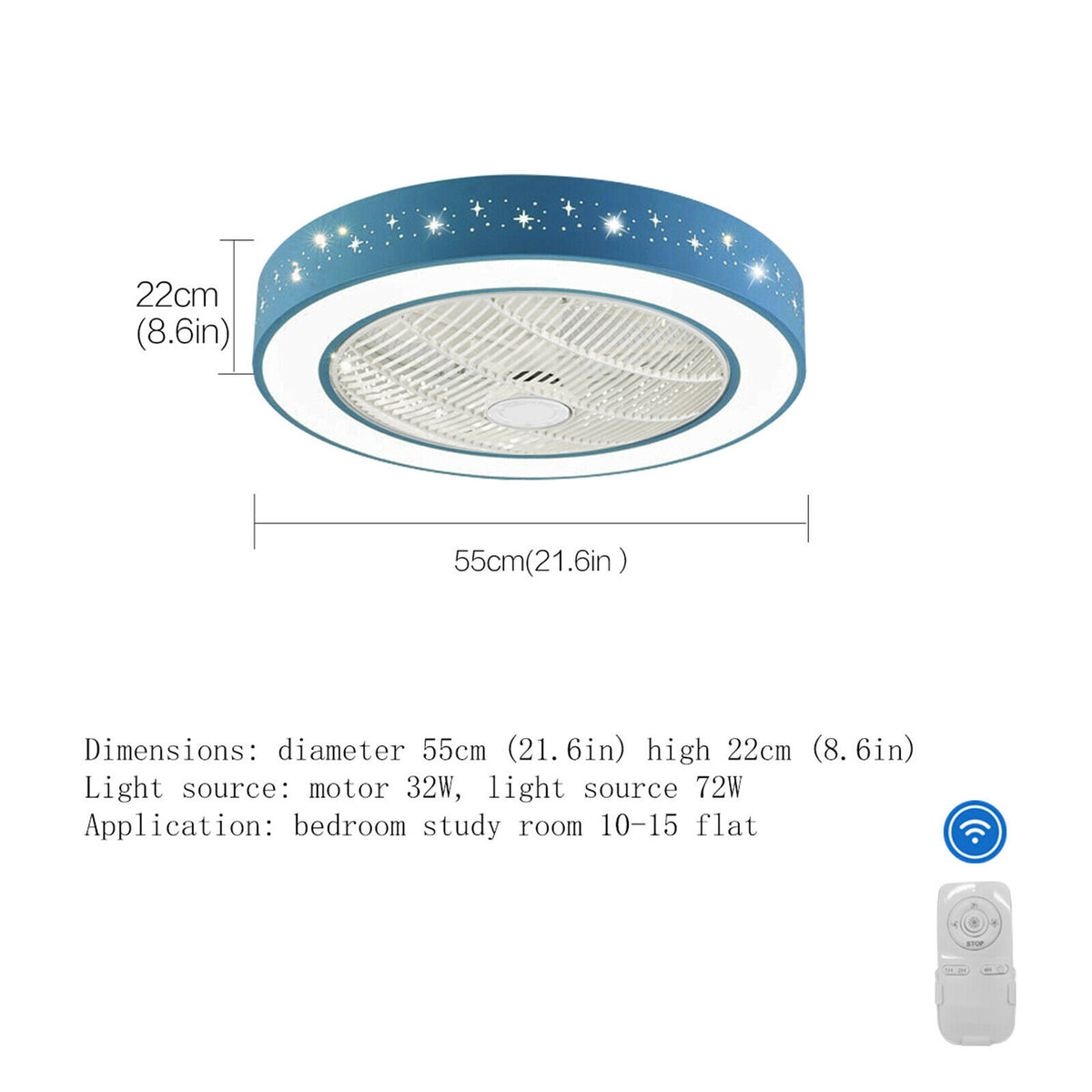 Star Ceiling Fan Light Dimmable LED Chandelier Lamp 3 Speeds +Remote Control For Children’s Room