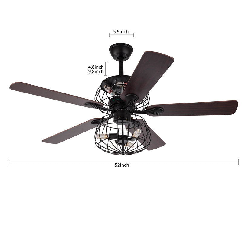 LED Ceiling Fan Light 3 Speed Setting 5 Reversible Wood Blades Retro Cage Chandelier with Remote Control