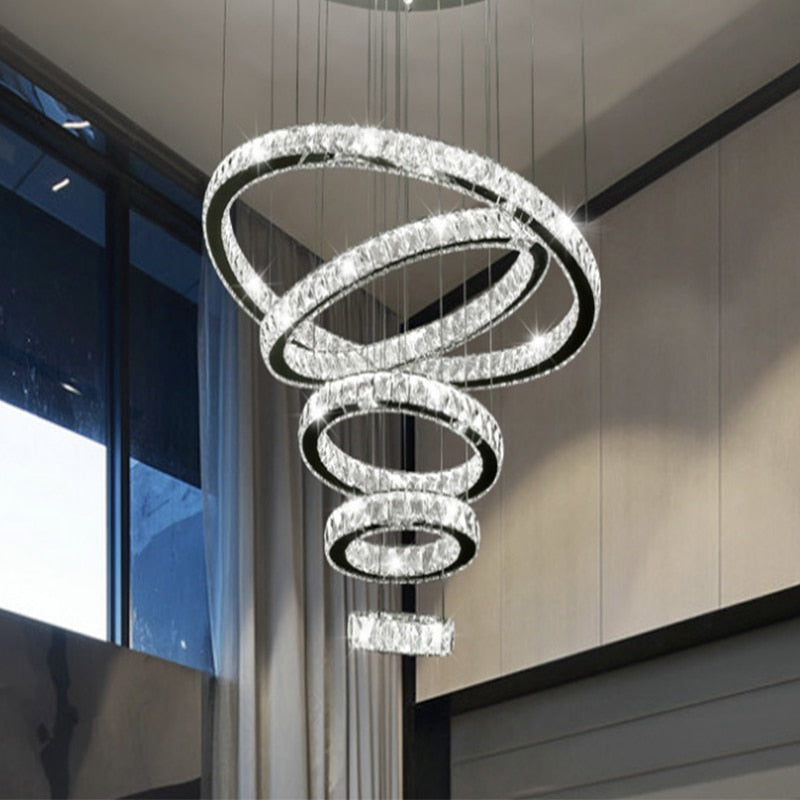 Luxury Large 5 Rings Led Round Crystal Chandelier light Spiral Pendant Lamp Modern Chandelier Light Fixtures Stair Hotel Lamp