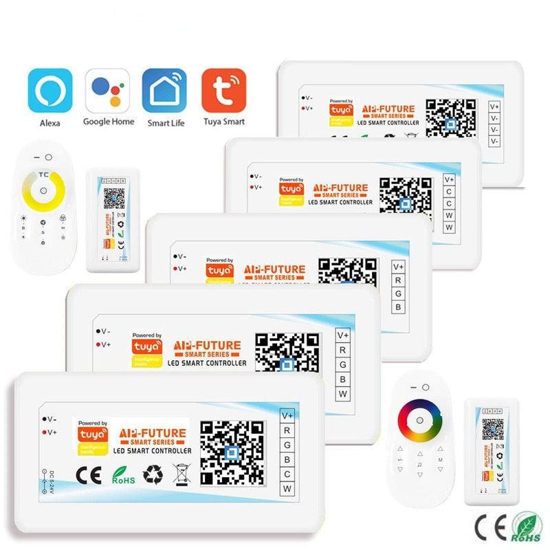 Wi-Fi Smart Controller Tuya Alexa Google Home Voice DC5-24V Single color Dimmer CCT RGB RGBW RGBCCT 5 in 1 LED Strip APP 2.4G RF