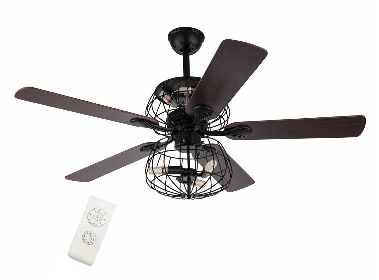 LED Ceiling Fan Light 3 Speed Setting 5 Reversible Wood Blades Retro Cage Chandelier with Remote Control