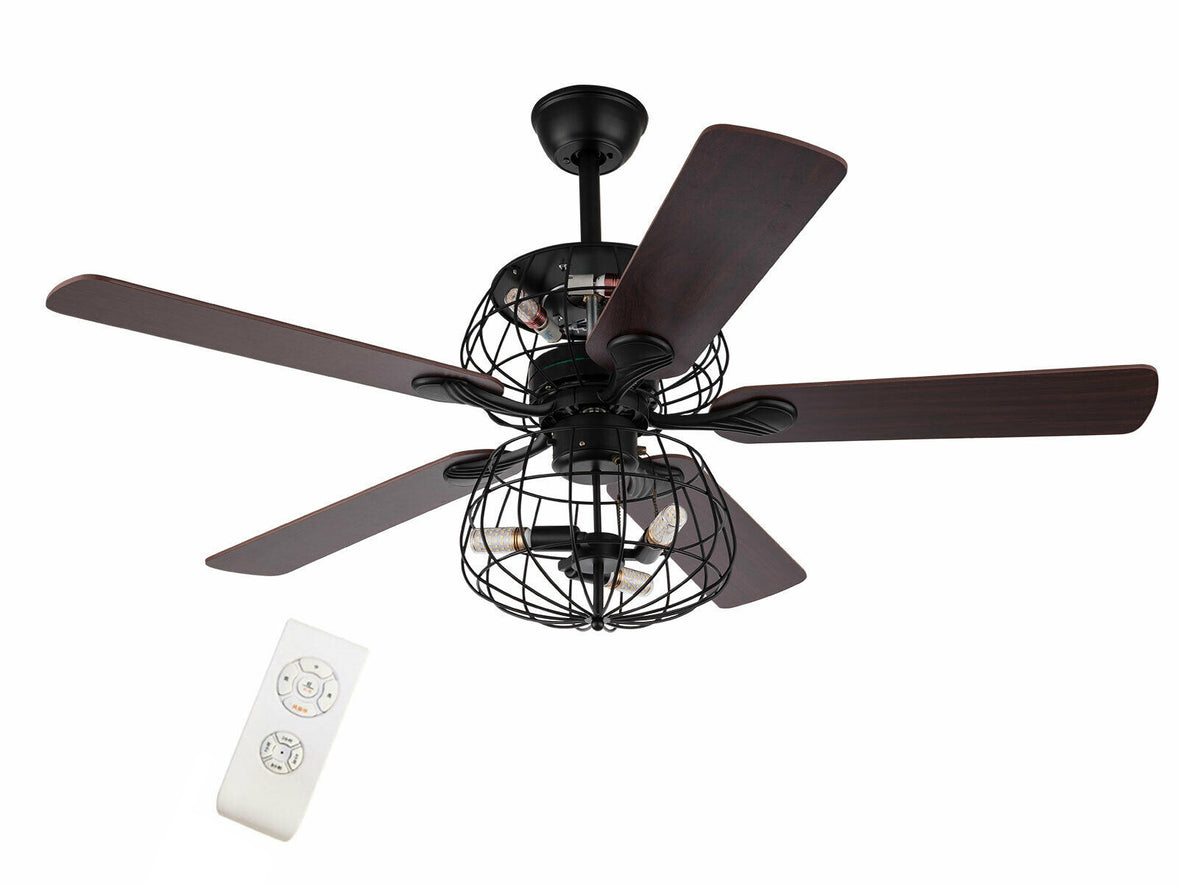 LED Ceiling Fan Light 3 Speed Setting 5 Reversible Wood Blades Retro Cage Chandelier with Remote Control