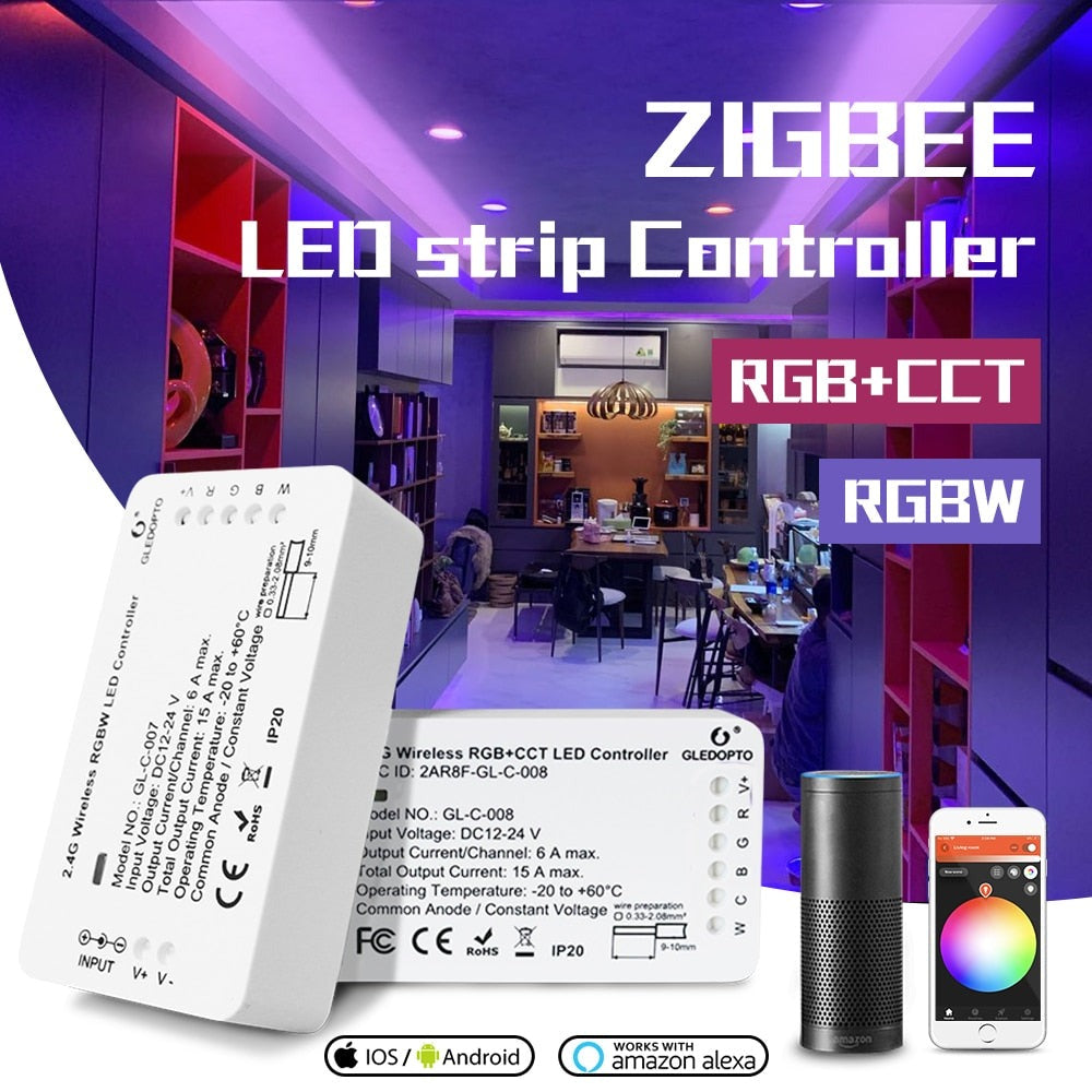DC12-24V RGB+CCT RGBW WWCW ZigBee Smart LED Strip Controller Voice Control Work with Echo Plus SmartThings