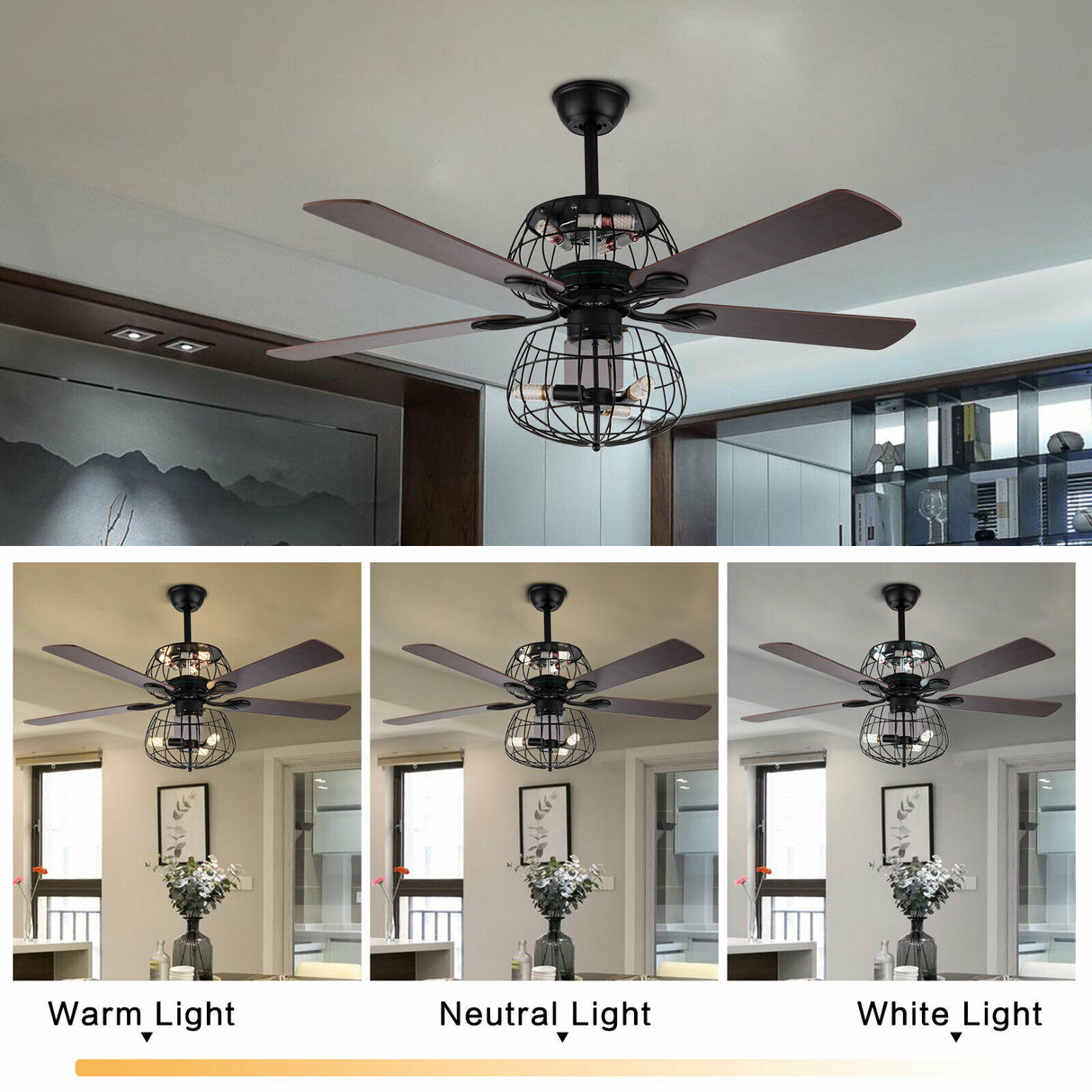 LED Ceiling Fan Light 3 Speed Setting 5 Reversible Wood Blades Retro Cage Chandelier with Remote Control