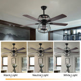 LED Ceiling Fan Light 3 Speed Setting 5 Reversible Wood Blades Retro Cage Chandelier with Remote Control