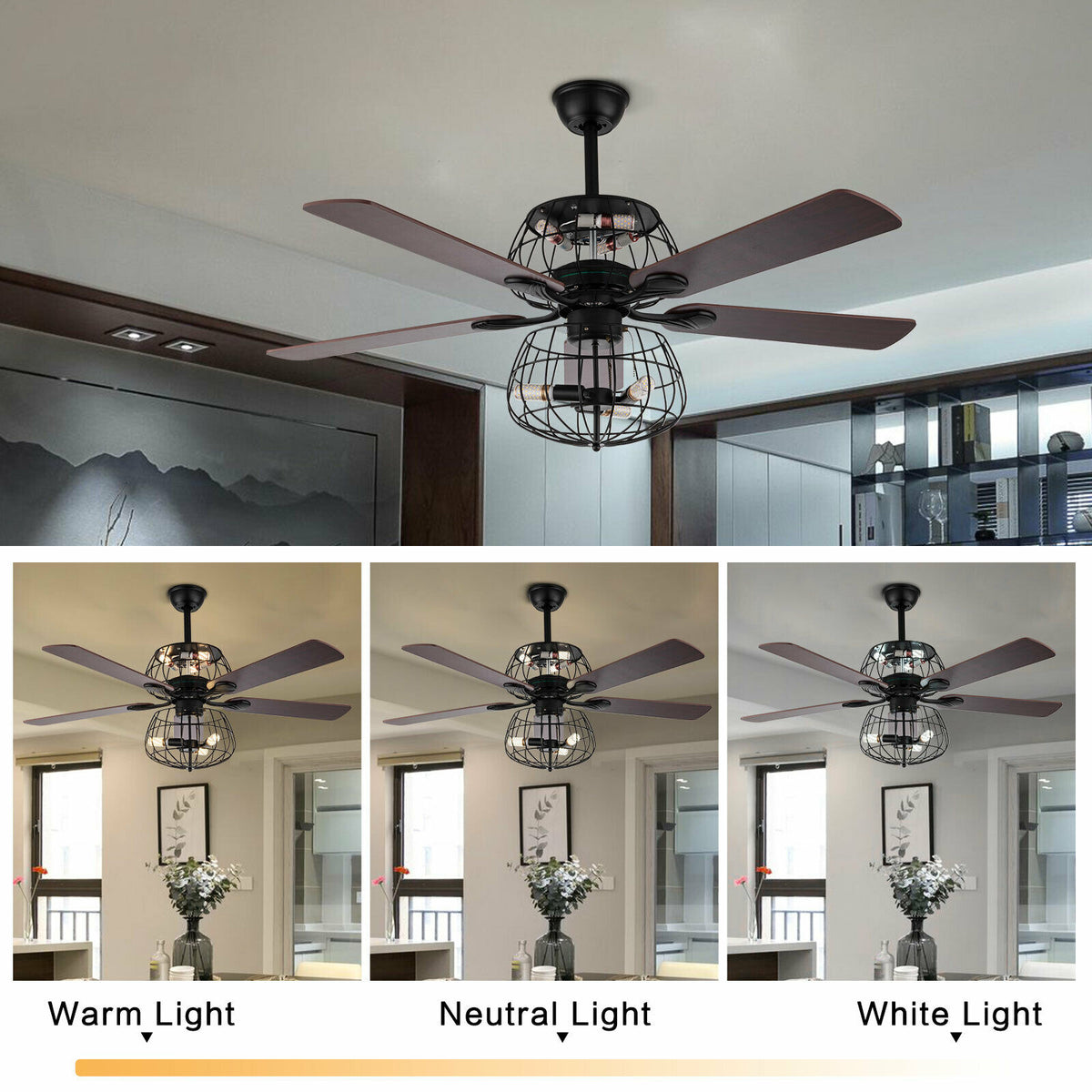 LED Ceiling Fan Light 3 Speed Setting 5 Reversible Wood Blades Retro Cage Chandelier with Remote Control