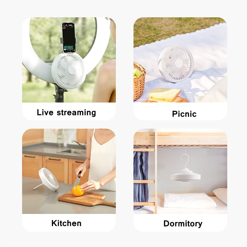 2000mAh USB Rechargeable Ceiling Fans with Remote Control 360° Rotation 3-speed Wind Desk Hanging Ventilator for Outdoor Camping