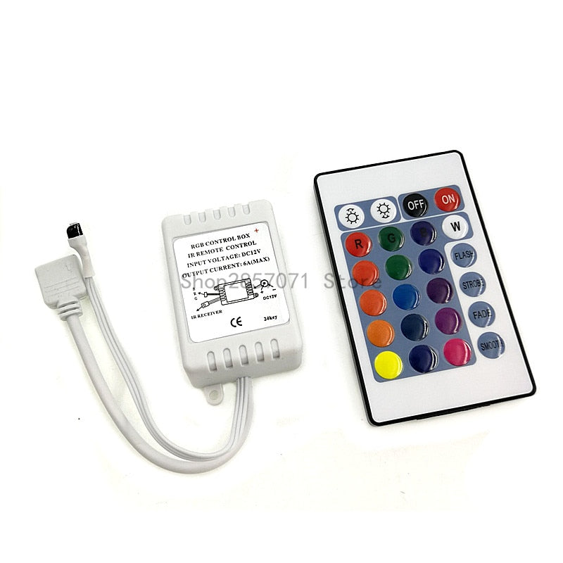 12V 24-Key LED Control, IR RF Infrared Wireless, 3528/2835/5050 LED Strips, Effortless Control, Dynamic Color Exploration, Versatile Compatibility, Intuitive Remote Distance, Sleek Aesthetics, Reliable Performance, Rechargeable Power Source, LED 2835/5050 RGB Strip, RF Infrared Remote Control, 12V Power Supply Connection, CCC Certification, ROHS Certification, User-Friendly Design, Illuminate Your Space, Captivating Colors, Architectural Accentuation.