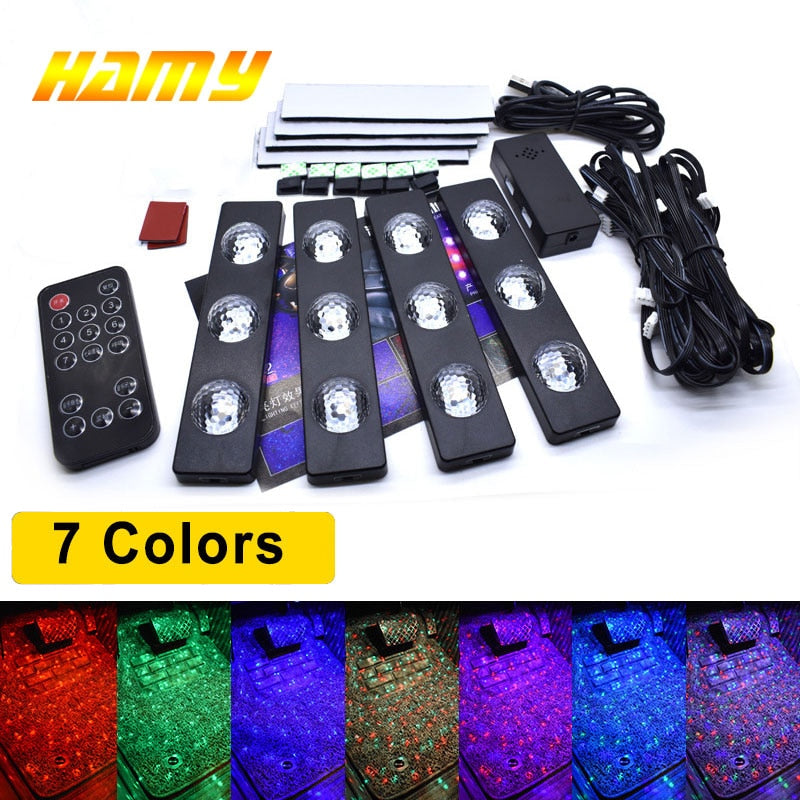 4pcs Car Interior LED RGB Strip Light Styling Decorative Atmosphere Lamps USB Wireless remote control music atmosphere foot lamp