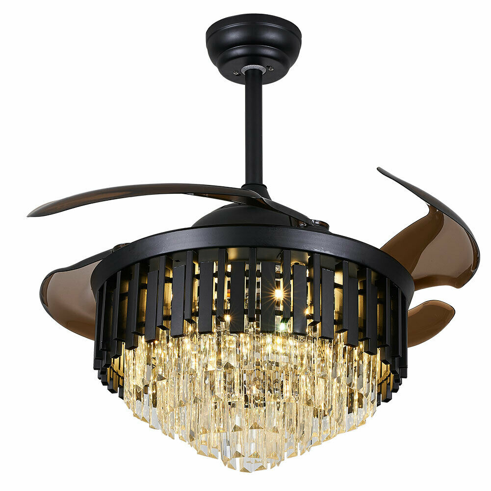 LED Crystal Chandelier Retractable Ceiling Fan Light with Remote Control
