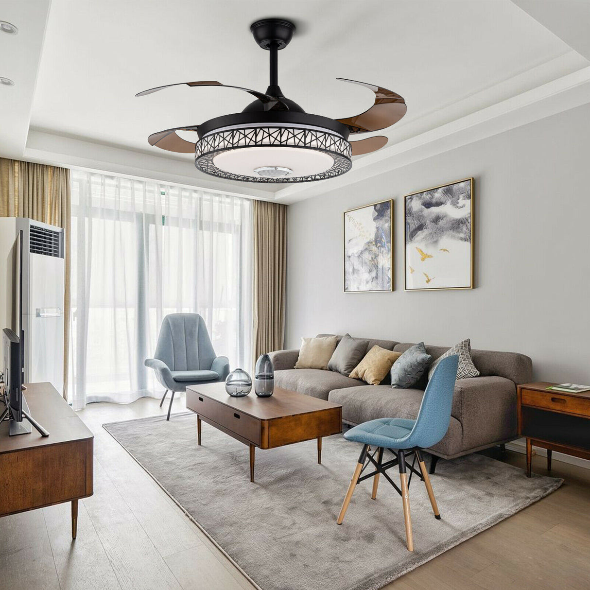 Bluetooth Invisible Ceiling Fan Light LED 3-Color Music Player Chandelier