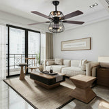 LED Ceiling Fan Light 3 Speed Setting 5 Reversible Wood Blades Retro Cage Chandelier with Remote Control