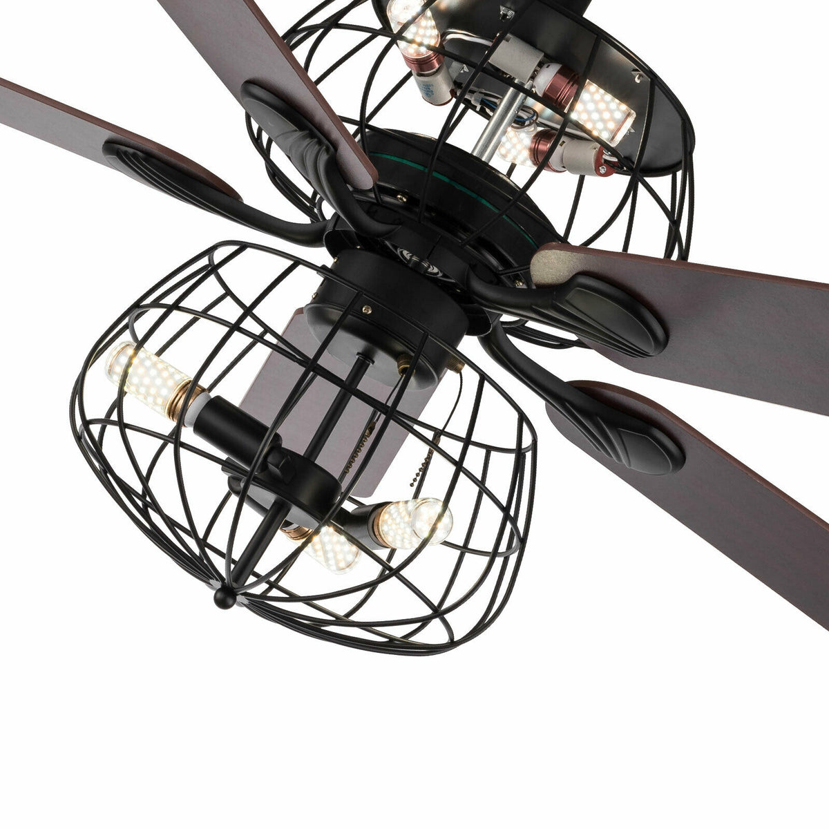 LED Ceiling Fan Light 3 Speed Setting 5 Reversible Wood Blades Retro Cage Chandelier with Remote Control