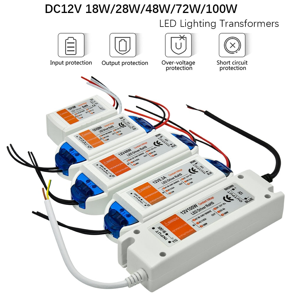 DC12V Power Supply Led Driver 18W / 28W / 48W / 72W / 100W Adapter Lighting Transformer Switch for LED Strip Ceiling Light