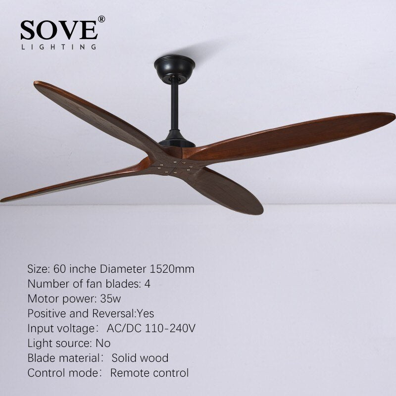 SOVE 60 Inch Wooden Ceiling Fan Dc Remote Control Decorative Wood Ceiling Fans Without Light Fan Lamp 220V Ventilador De Techo