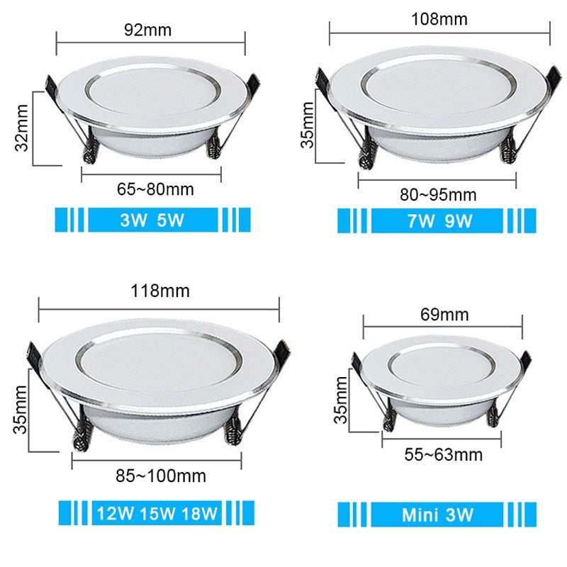 LED Downlight Ceiling 7W 9W 12W 15W 18W 3W 5W Spot Round Recessed Lamp 220V 230V 240V 110V Bulb Bedroom Kitchen Indoor Lighting