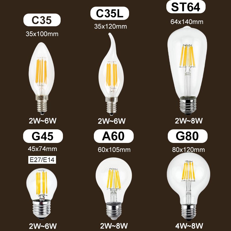 Gitex Antique LED E27 Bulb Retro Lamp 220V 2W 4W 6W 8W LED Filament Light E14 Glass Ball Bombillas LED Bulb Edison Candle Light