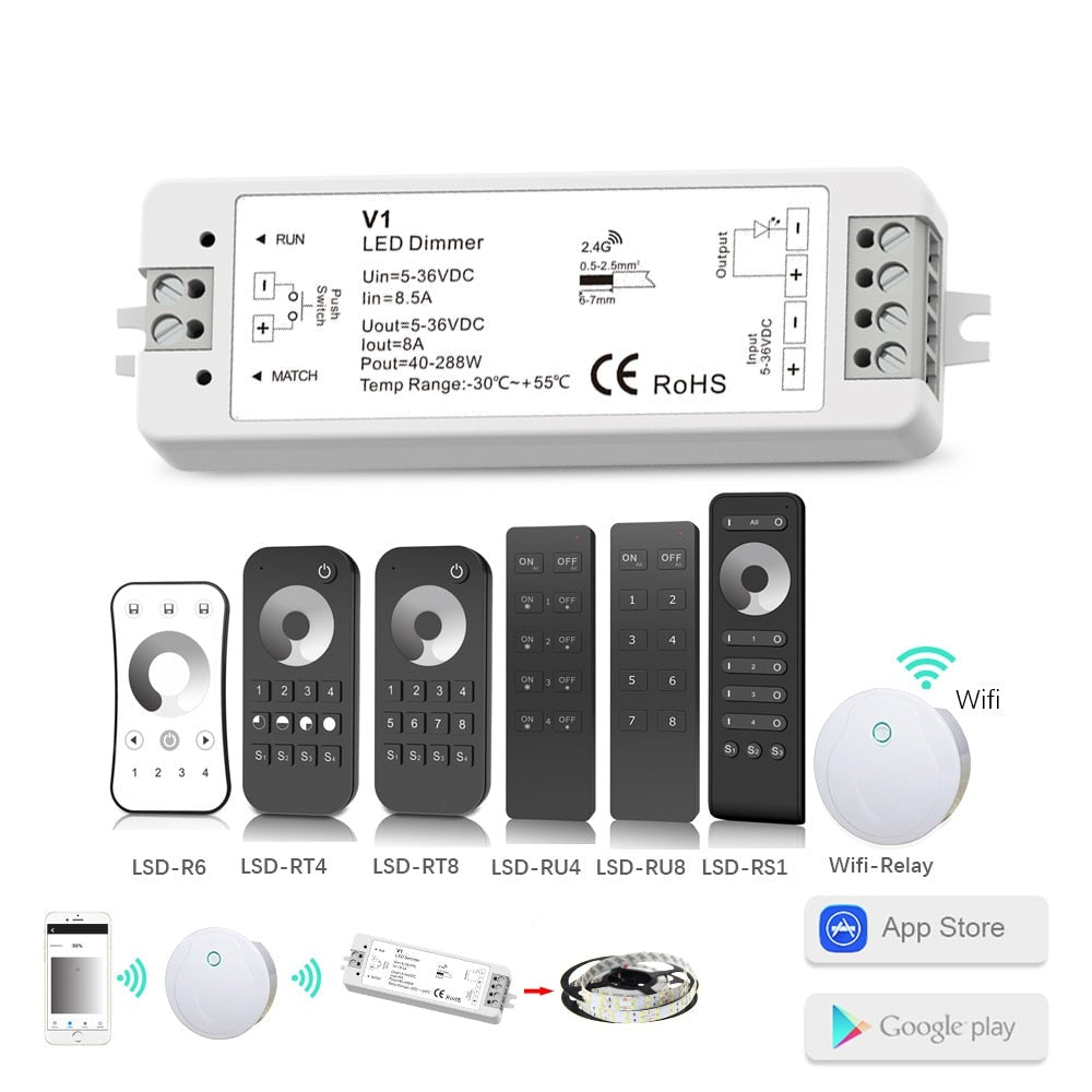 LED Dimmer Switch PWM Wireless RF 2.4G 4-Zone Touch Remote Smart Home Wifi Relay DC12V 24V Controller for Single Color LED Strip