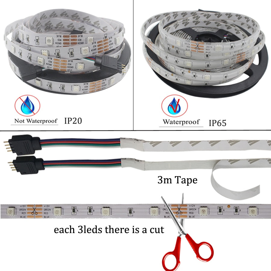RGB LED Strip Waterproof Ribbon RGB LED Light SMD5050 5M 10M LED Flexible Stripes DC12V,  RGB LED Tape Full Sets LED Kit