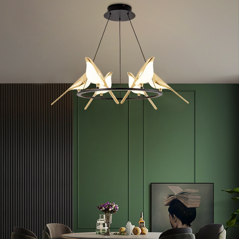 Nordic Golden Bird LED Chandelier Parlor Bar Bedside Hanging Light Fixture Novelty 360 Degree Rotation Replaceable LED Home Deco