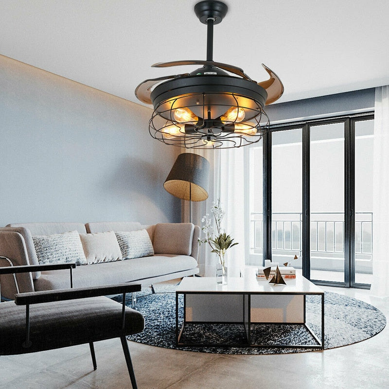 Round LED Ceiling Fan Light Vintage Chandelier Pedant Lamp W/ Remote for Living Dining Room Bedroom