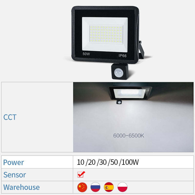MINGBEN LED PIR Motion Sensor Floodlight IP66 Waterproof for Outdoors Wall 220V Black 100W 50W 30W 20W Lamps Garden Spotlight
