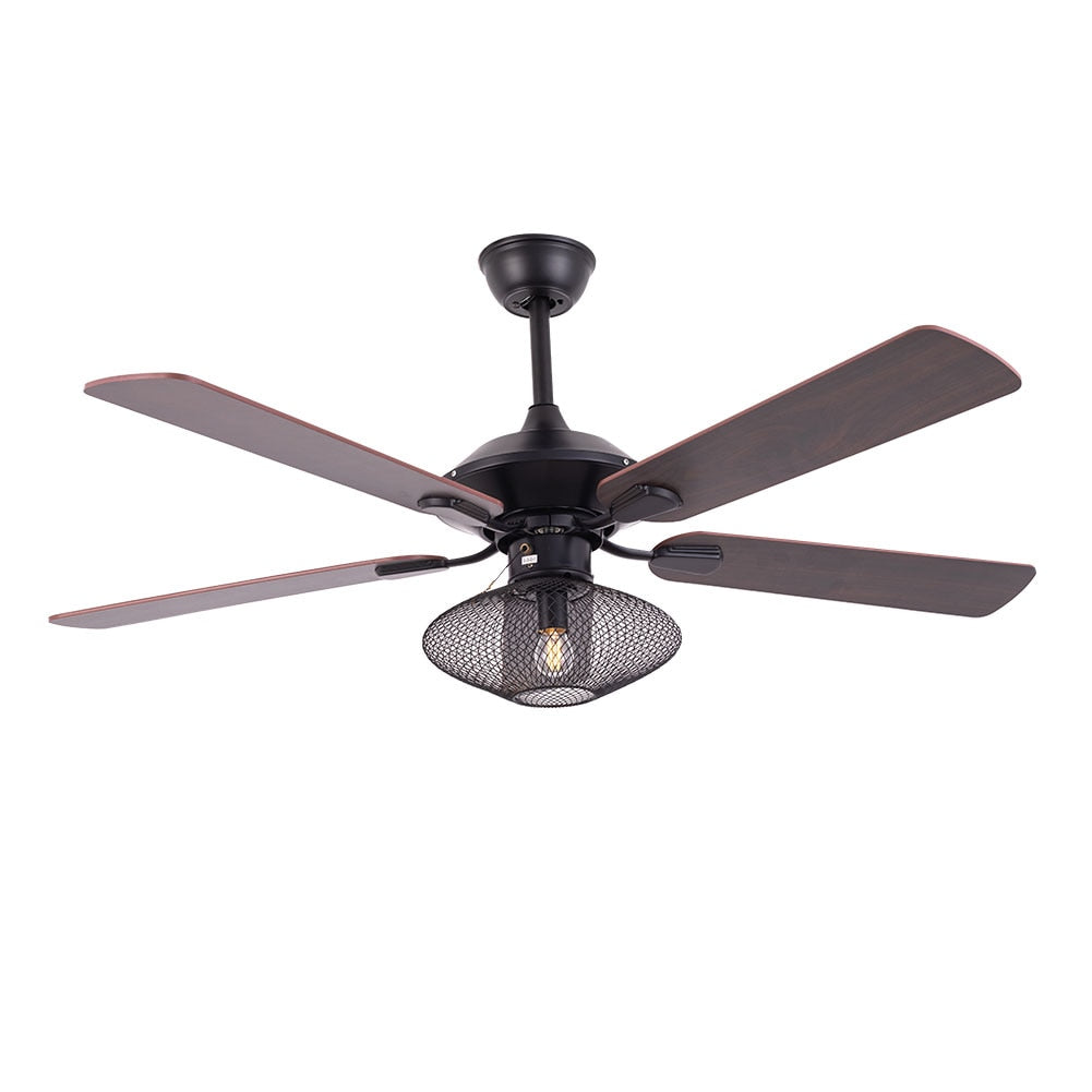 Reversible Blades 3 Speed Ceiling Fan Light Vintage Cage Wooden Chandelier W/ Remote for Living Room Office Décor
