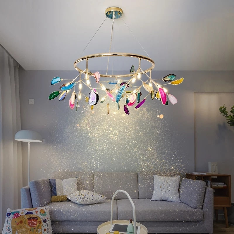 Modern Agate Decors Chandelier Lighting Color Carnelian Branches Hanging Lamp Living Room Bedroom Kitchen Lamp Interior Lighting