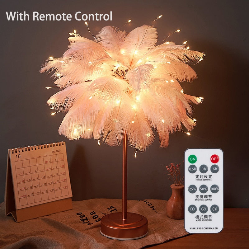 Creative Feather Table Lamp with Remote Control USB/AA Battery Power Desk Lamp Tree Feather Lampshade Night Light for Birthday