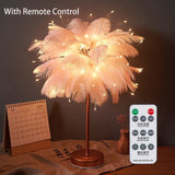 Creative Feather Table Lamp with Remote Control USB/AA Battery Power Desk Lamp Tree Feather Lampshade Night Light for Birthday