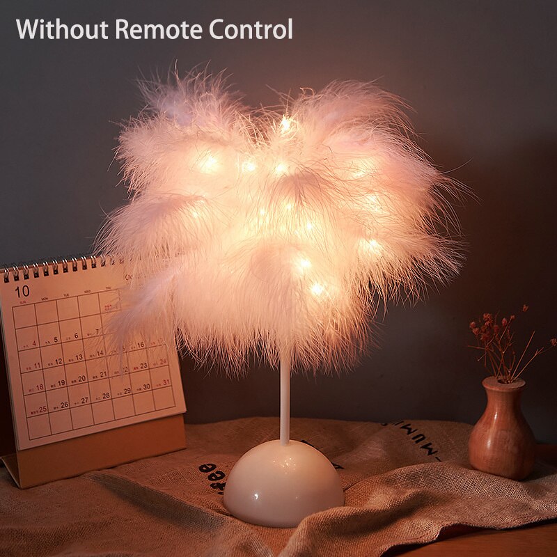 Creative Feather Table Lamp with Remote Control USB/AA Battery Power Desk Lamp Tree Feather Lampshade Night Light for Birthday