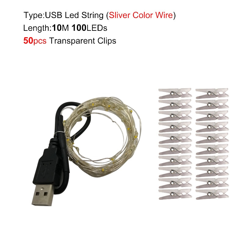 LED String Lights Photo Clip USB Battery Operated Garland Fairy Lamp Christmas Decoration Holiday Party Wedding Xmas Lighting
