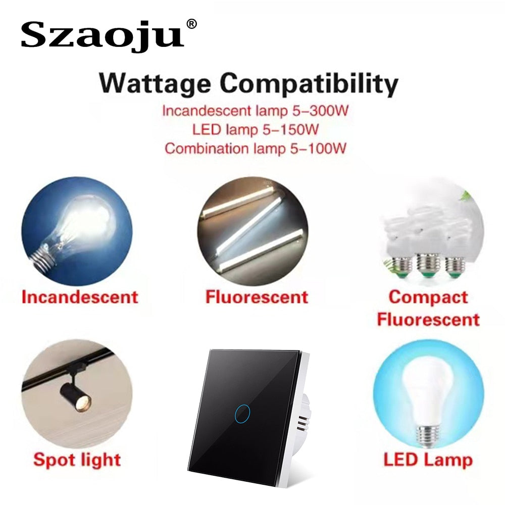Szaoju Touch Switch EU Standard White Crystal Glass Panel Light Switch AC110-220V Switch 1/2/3 Gang 1 Way Wall Lamp TOUCH SWITCH