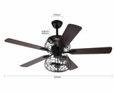 LED Ceiling Fan Light 3 Speed Setting 5 Reversible Wood Blades Retro Cage Chandelier with Remote Control