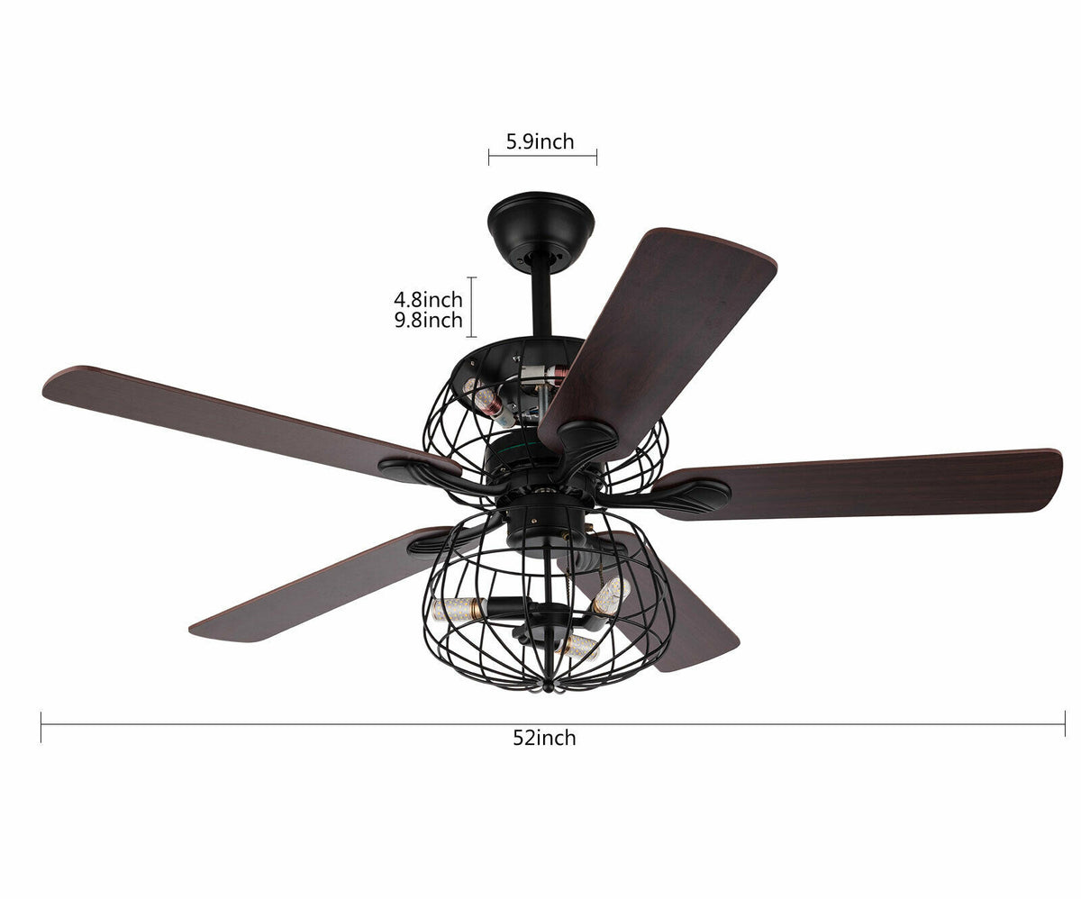 LED Ceiling Fan Light 3 Speed Setting 5 Reversible Wood Blades Retro Cage Chandelier with Remote Control