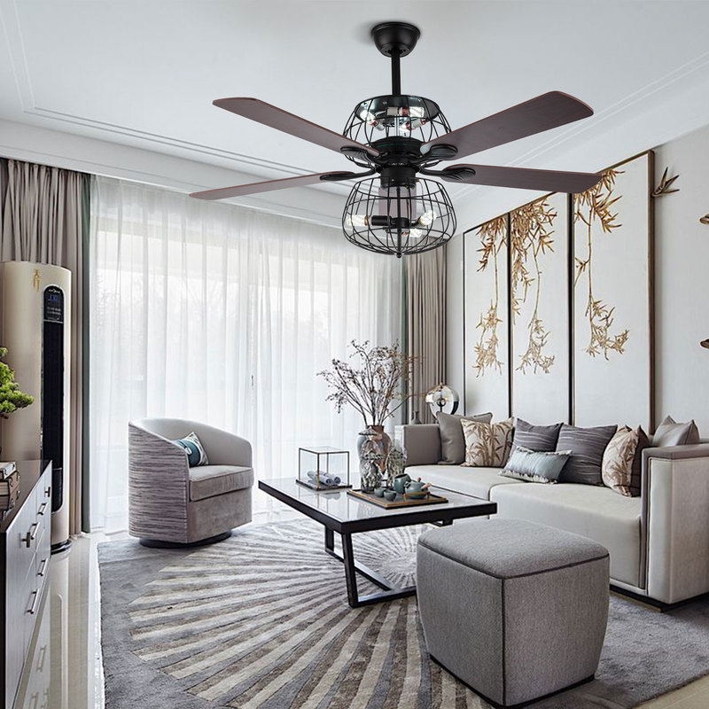 LED Ceiling Fan Light 3 Speed Setting 5 Reversible Wood Blades Retro Cage Chandelier with Remote Control