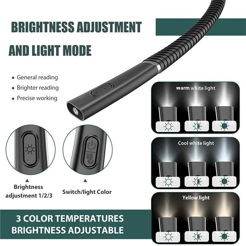 Neck Reading Light Novelty Flexible Neck Lights Handsfree Book Light Hanling Read Lamp Portable USB Rechargeable Book Lighting