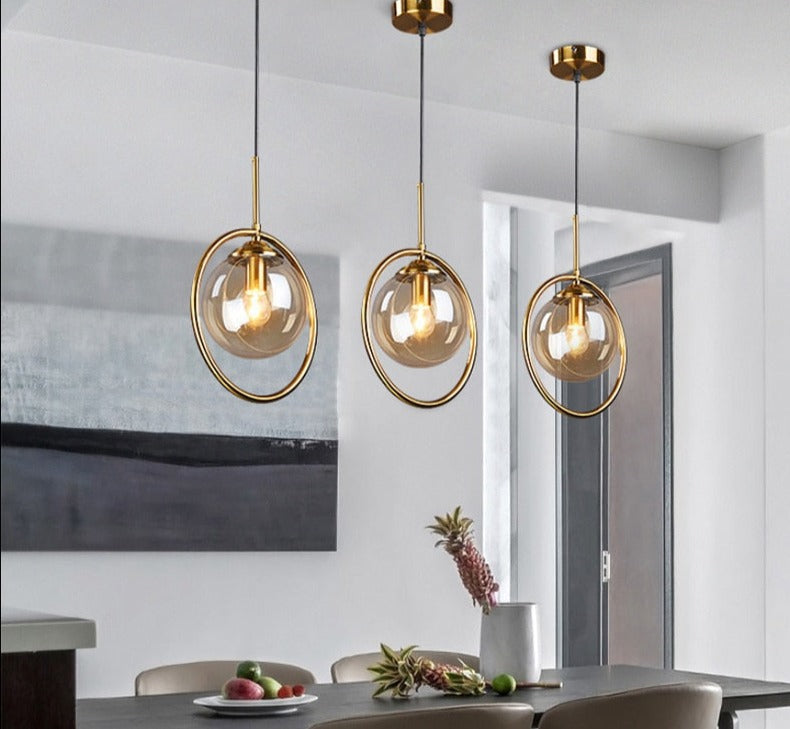 Nordic restaurant single head metal ring pendant lights modern living room bedroom bedside glass ball hanging lamp
