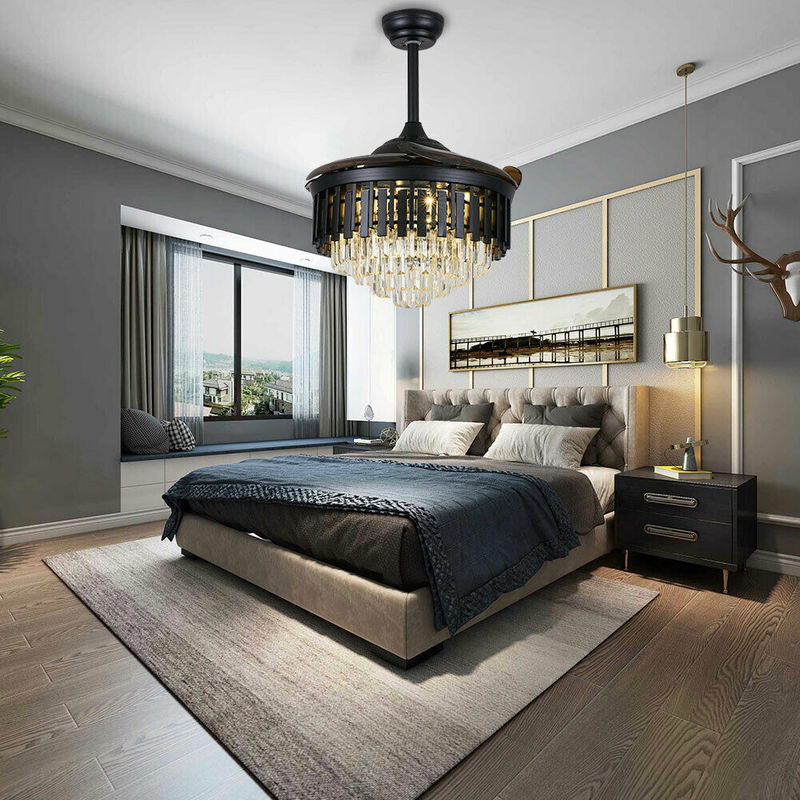 LED Crystal Chandelier Retractable Ceiling Fan Light with Remote Control
