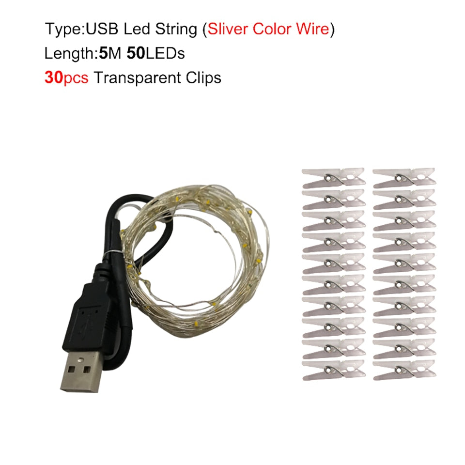 LED String Lights Photo Clip USB Battery Operated Garland Fairy Lamp Christmas Decoration Holiday Party Wedding Xmas Lighting