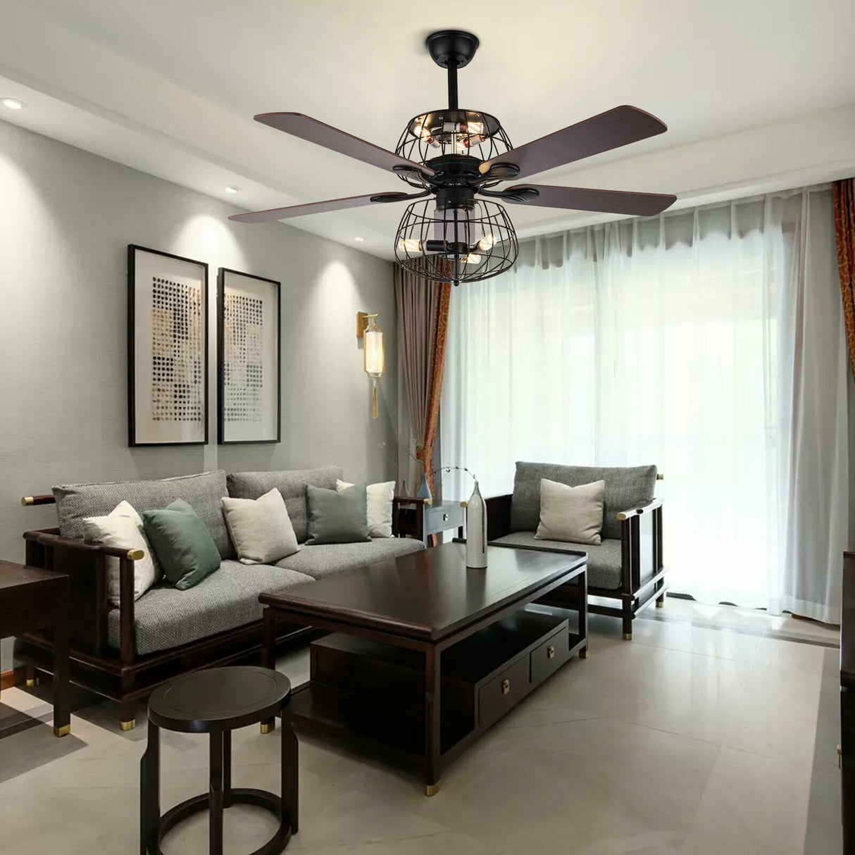 LED Ceiling Fan Light 3 Speed Setting 5 Reversible Wood Blades Retro Cage Chandelier with Remote Control