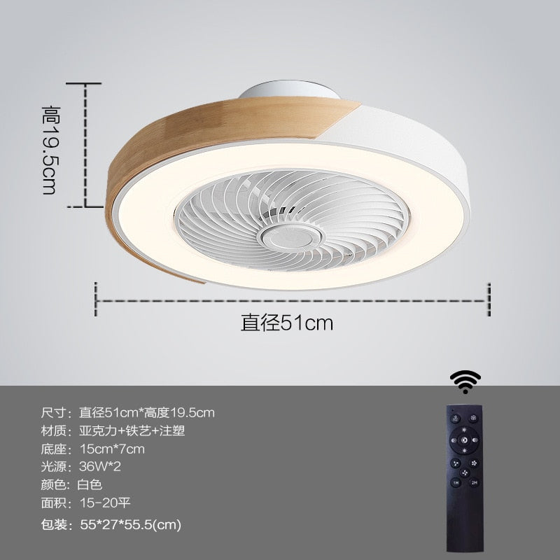 Intelligent ceiling fan with light, used for kitchen, dining room and bedroom decoration, 50cm silent invisible fan