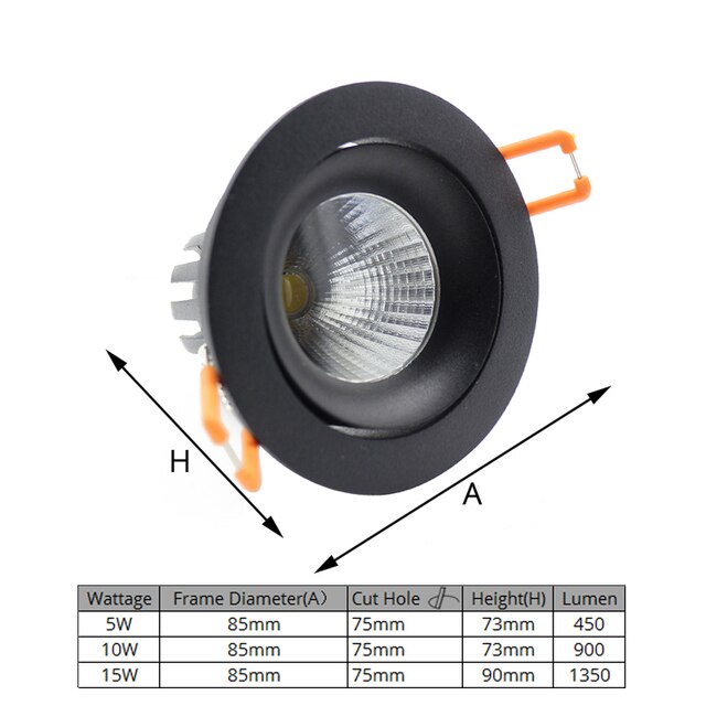 LEDIARY 85-265V 5W/10W/15W LED COB Downlight Black  Aluminum Housing High Lumen Recessed Dimmable 75mm 95mm Hole Spot Lamp
