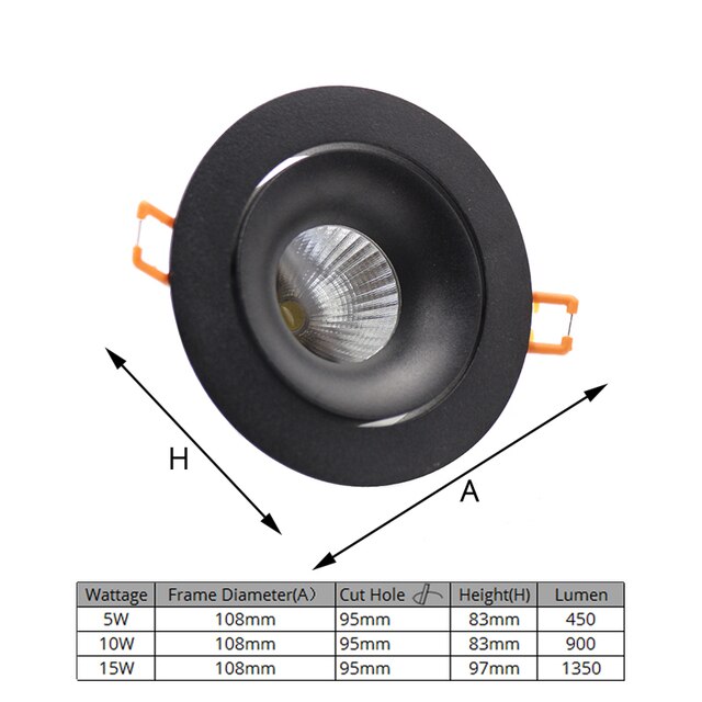 LEDIARY 85-265V 5W/10W/15W LED COB Downlight Black  Aluminum Housing High Lumen Recessed Dimmable 75mm 95mm Hole Spot Lamp