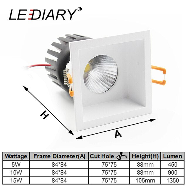 LEDIARY 85-265V LED COB Downlight High Lumen Aluminum Housing Recessed Dimmable 75mm 95mm Hole Spot Lamp 5W/10W/15W Light Source