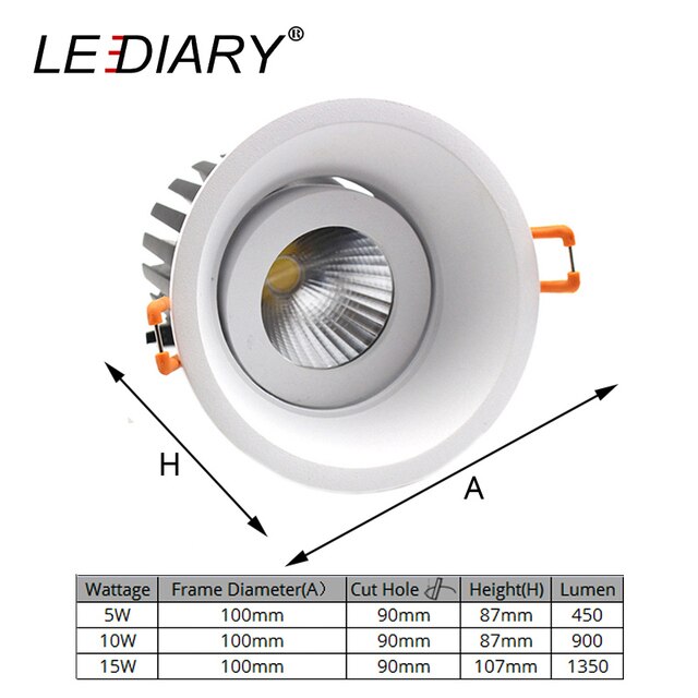 LEDIARY 85-265V LED COB Downlight High Lumen Aluminum Housing Recessed Dimmable 75mm 95mm Hole Spot Lamp 5W/10W/15W Light Source