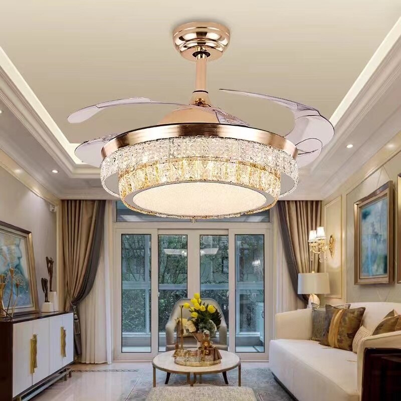 42&quot; Gold Luxury Crystal Ceiling Fans With Light Decorative DC 110V 220V Fan Lamp Remote Control Hanging Crystal Lighting