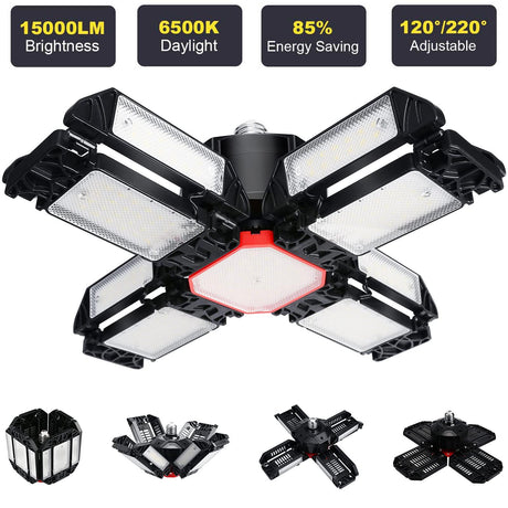 LED Garage Lights with 8 Adjustable Panels E26/E27 Ceiling Shop Work Lamp 150W 15000 Lumen Bulb for Workshop Industrial Lighting