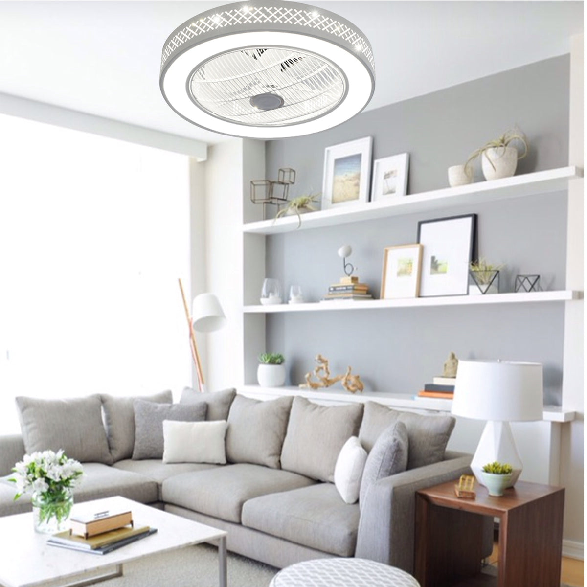 Acrylic Enclosed Round Ceiling Fan with Light and Remote Control Invisible Blades for Bedroom